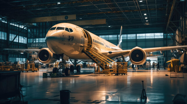 A passenger aircraft maintenance in a aiport hangar