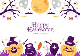 ハロウィンの背景フレーム かぼちゃの魔女と吸血鬼の水彩イラスト