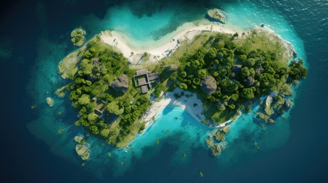 an Aerial top view of a Beautiful Island, in an Azure sea surrounded by emerald waters and lush tropical foliage, a birds-eye view in a  Paradise-themed image as a JPG horizontal format. Generative AI