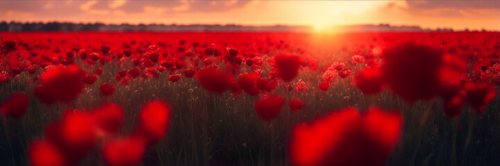 Field of red flowers at sunset. Generative AI. 