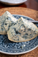Cheese collection, piece of French blue cheese auvergne or fourme d'ambert close up