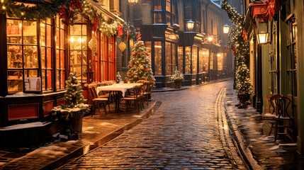 Street Decorated for Christmas in England in the 1900s - Generative AI