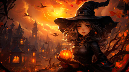  A pretty witch holding a lit pumpkin in a Halloween themed illustration - Generative AI