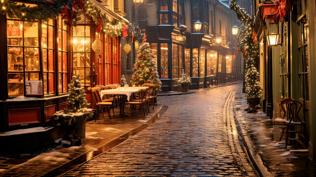 Street Decorated for Christmas in England in the 1900s - Generative AI