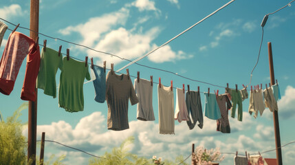 A clothesline with freshly washed clothes outdoors in the morning