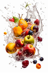 Fototapeta na wymiar fruits and berries falling in water splash, isolated on white background. copy space. generative AI