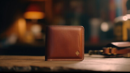 Premium wallet leather on the desk - obrazy, fototapety, plakaty