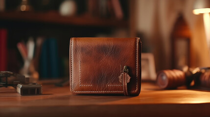 Premium wallet leather on the desk - obrazy, fototapety, plakaty