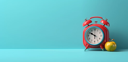 Alarm clock and apple on turquoise background. The concept of time with space for text.