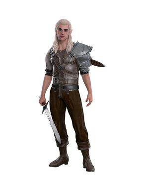 Portrait of a male elf warrior standing with sword in hand. 3D rendering isolated.