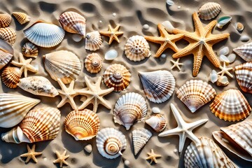 upper view of seashells on the sand,  Generative Ai technology