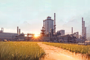 Fototapeta na wymiar illustration digital painting of mega big factory, generative AI