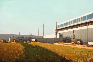 Fototapeta premium illustration digital painting of mega big factory, generative AI