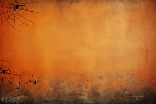 Grungy orange background with spiders. Space for text.