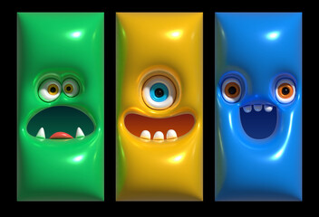 Inflatable monster faces set. Inflated 3D Halloween monster faces or avatars. Realistic inflated 3D symbol monster faces with the plasticine effect © Vladyslav