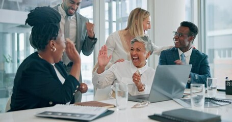 Laptop, happy applause and business people celebrate investment deal, announcement or winner target success. Group cheers, congratulations and diversity team excited for financial trading achievement - Powered by Adobe
