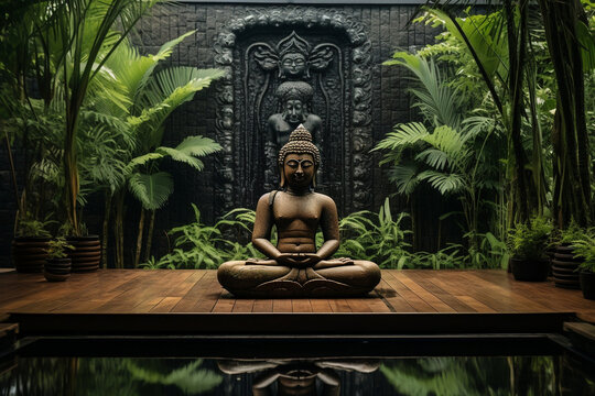 Statue of Buddha on a wooden platform in pool surrounded by ferns. High quality photo
