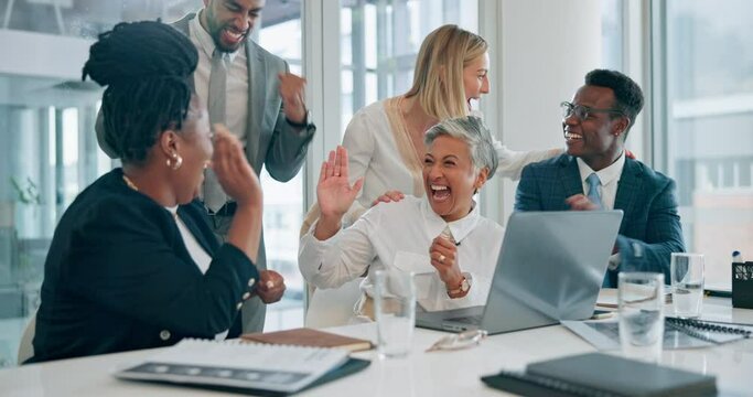 Laptop, happy applause and business people celebrate investment deal, announcement or winner target success. Group cheers, congratulations and diversity team excited for financial trading achievement