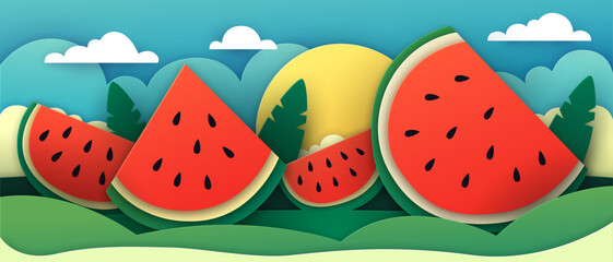 Summer season concept. Slices of watermelon on blue background. Paper cut and craft style. Vector illustration
