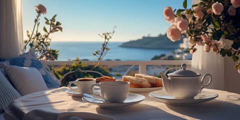 beautiful morning cup of coffee by the sea in Portofino romantic resort at summer holiday 