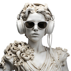 Ancient female marble greek sculpture wearing headphones and sunglasses, modern art, transparent background, png