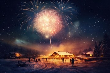 Winter fireworks over snow-covered landscape on Christmas Eve to ring in the New Year