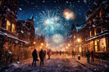 Fototapeta na wymiar Winter fireworks over snow-covered landscape on Christmas Eve to ring in the New Year