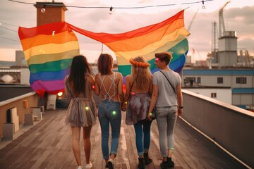 Young people at a gay party, where a gay flag is present, are partying on the rooftop of a building