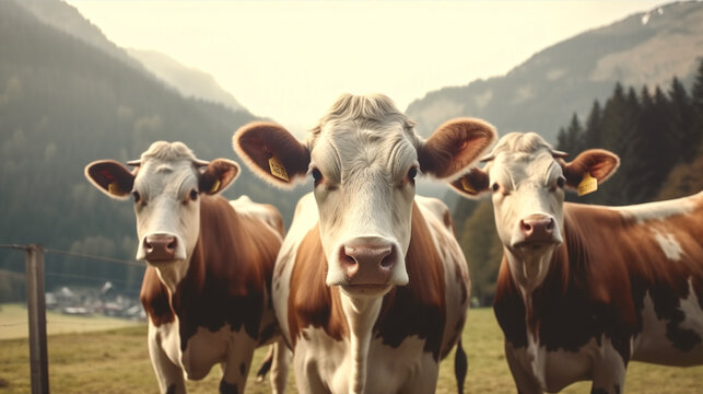 pasture agricultural meadow cow farming cattle animal livestock grass nature. Generative AI.