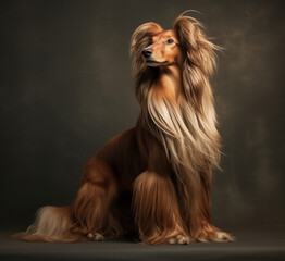 Naklejka premium Portrait of a dog with long hair sitting on a dark surface, standing confidently, dramatic warm color, flowing mane.