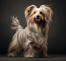 Yorkshire terrier on black background  with long hair standing in front of a dark background, high definition 3d render, yorkshire terrier, white hairs, in a photo studio.