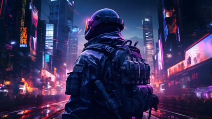 Ein Mann steht vor einer Futuristischer City Skyline im Stil von Cyberpunk 2077  Generative AI - obrazy, fototapety, plakaty