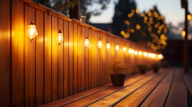 A deck and fence lit up for the evening. Generative AI. 