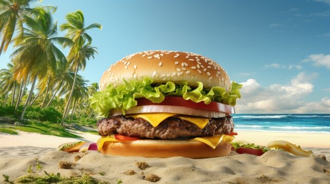 a horizontal layout, of a Cheeseburger in paradise in a Fun-themed JPG format. Generative ai