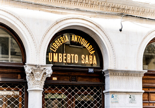 Front door of antiquarian bookshop "Libreria Umberto Saba" once belonged to the Italian poet Saba, in Trieste city center, Italy