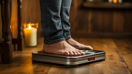 Bare feet standing on a scale. Generative AI. 