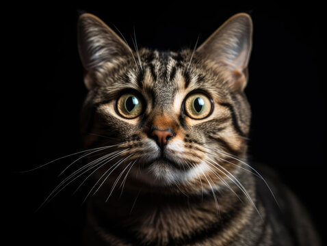 Cute tabby cat portrait and isolated black background. Generative AI