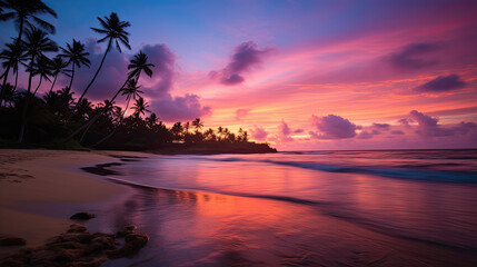 Fototapeta na wymiar Paisaje de atardecer en una playa con palmeras y colores de tonos malvas y rosas. Ilustracion de Ia generativa