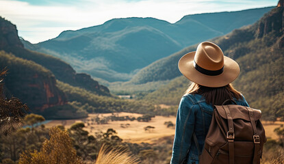 Fototapeta na wymiar mujer con camisa vaquera y sombrero claro de paja, con una mochila a la espalda, observando un paisaje de montaña. Ilustración de IA generativa