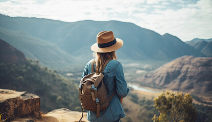 mujer con camisa vaquera y sombrero claro de paja, con una mochila a la espalda, observando un paisaje de montaña. Ilustración de IA generativa