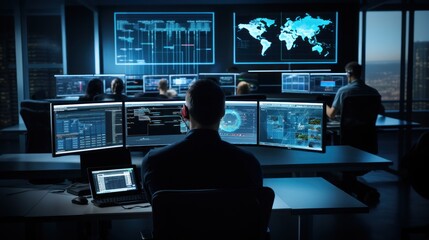 Naklejka premium Network operations center ( NOC) with technicians monitoring network traffic, troubleshooting issues, and ensuring network performance