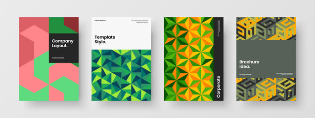 Unique front page A4 vector design concept set. Multicolored geometric shapes postcard layout bundle.