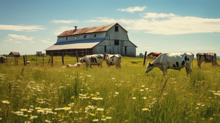 Fototapeta na wymiar cows and goats graze next to the farm on a sunny day. Generative AI