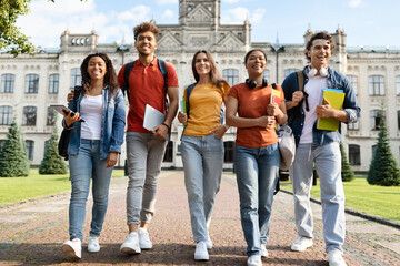 Fototapeta premium University Students Life. Group Of Multiethnic Young People Walking Together Outdoors