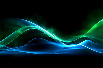 Fototapeta premium vibrant blue and green high speed glowing light lines on black background, generative ai 