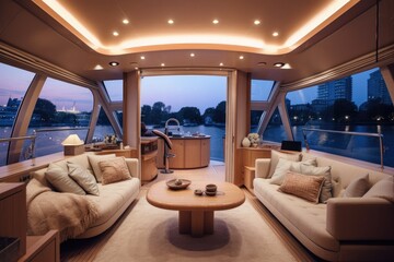 Fototapeta premium Wide-angle photo of an interior of a luxurious boat cabin. Luxurious yacht cabin,