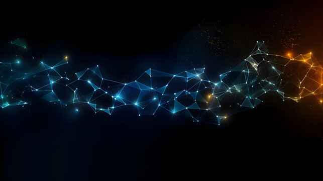 Neuronal Data Network in blue light rays and dots with black background, generative ai 