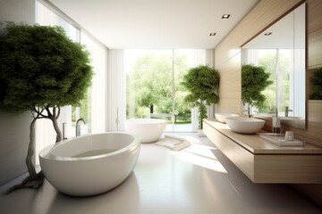 Fototapeta premium Bathroom interior decorated with green plants. Modern comfortable bathroom.