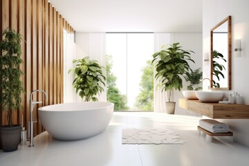 Fototapeta premium Bathroom interior decorated with green plants. Modern comfortable bathroom.