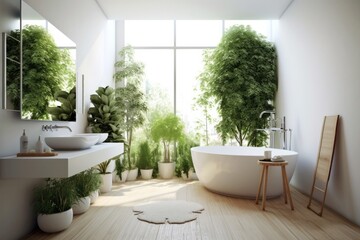 Bathroom interior decorated with green plants. Modern comfortable bathroom.